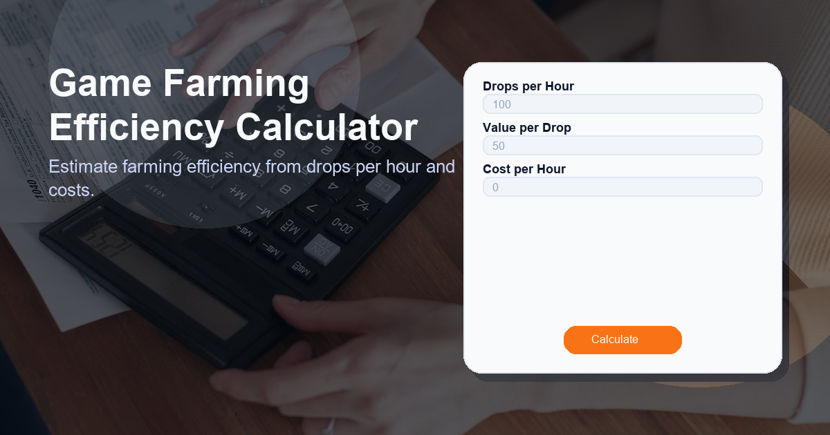 Estimate farming efficiency from drops per hour and costs.